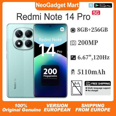 Xiaomi Redmi Note 14 Pro 5G, smartfon, 8 GB + 256 GB, wyświetlacz 6,67" CrystalRes AMOLED, częstotliwość odświeżania 120 Hz, MediaTek Dimensity 7300-Ultra, aparat 200 MP, turbodoładowanie 45 W, 5110 mAh, NFC, podwójna karta SIM, ESIM, kolor koralowo-zielony, wersja europejska telefonu komórkowego