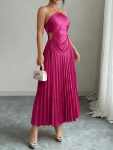 Women's Fuchsia Satin - Like One - Shoulder Sleeveless Dress With Ruched Waist & Asymmetrical Hem, Classy Elegant Outfit For Wedding Guest/Birthday Party/Evening Event/Night Out, Formal Midi Dresses For Women - Hot Pink - View 1