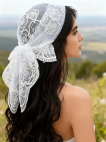 1 chiếc khăn bandana thời trang nữ cao cấp, nhẹ, thêu hoa, dài 80cm, phụ kiện cưới, khăn trùm đầu cho nữ, thích hợp cho đám cưới, tiệc tùng, họp mặt, mọi mùa. - trắng - Xem 4