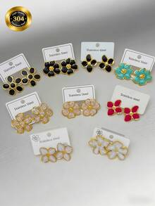 1/2/4/5/9-Piece Sets, Stainless Steel Enamel Flower/Bow Stud Earrings. Flower Designs Include Five-Petal Blooms And Four-Leaf Clover Shapes, Available In Black, Pink, Lake Blue, Bright Red, And White. - Multicolor - View 2