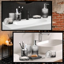 5-Piece Diamond-Cut Glass Bathroom Accessories Set, Includes Soap Dispenser, Soap Dish, Toothbrush Holder, Tumbler & Cotton Swab Jars, Modern Crystal Decor For Bathroom - Housewarming Gift - 透明漸變 - 查看 10