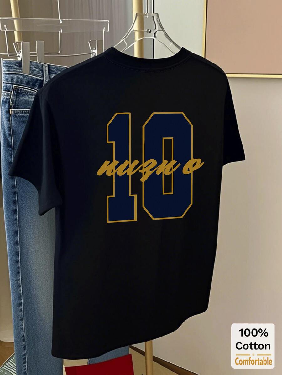 印花短袖中长款T恤，时尚休闲女式上衣，黑色 - 黑色 - 查看 1