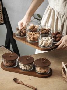 一套带盖玻璃水果托盘，日式风格，适合盛放干果/坚果/茶叶/咖啡豆/水果/零食，适用于客厅/餐厅/办公室/咖啡厅/餐馆 - 棕色 - 查看 6