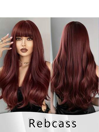 Long Red Color Wig With Bangs For Women,Rose Net With Fake Scalp, Free Parting,Layered Hairstyle Synthetic Heat Resistant For Daily Party Use 22 Inch Halloween Costume Wig