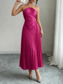 Women's Fuchsia Satin - Like One - Shoulder Sleeveless Dress With Ruched Waist & Asymmetrical Hem, Classy Elegant Outfit For Wedding Guest/Birthday Party/Evening Event/Night Out, Formal Midi Dresses For Women - Hot Pink - View 4