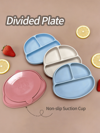 1 pieza/3 piezas Utensilios de alimentación para bebé, plato de 3 compartimentos de silicona, tenedor y cuchara de silicona, set esencial de alimentación para bebé, cultiva las habilidades de autoalimentación del niño, adecuado para bebés de 6+ meses, gran regalo del Día de San Valentín para niños