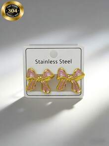 1/2/4/5/9-Piece Sets, Stainless Steel Enamel Flower/Bow Stud Earrings. Flower Designs Include Five-Petal Blooms And Four-Leaf Clover Shapes, Available In Black, Pink, Lake Blue, Bright Red, And White. - Multicolor - View 15