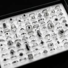 20pcs Vintage Punk Spider Skull Ring Set, Unisex, Mixed Style, Gothic Dark Style, Halloween Ring Jewelry, Party Holiday Accessories - 20 Mixed Black Stone Pinky Rings - View 1