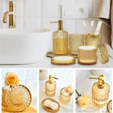 5-Piece Gold Diamond-Cut Glass Bathroom Accessories Set, Includes Soap Dispenser, Soap Dish, Toothbrush Holder, Tumbler & Cotton Swab Jars, Modern Crystal Decor For Bathroom - Housewarming Gift - 金色 - 查看 7