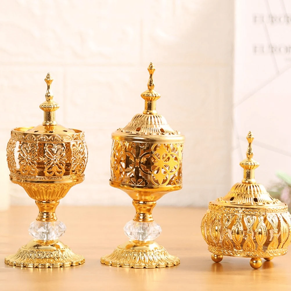 1 chiếc lư hương rỗng bằng kim loại mạ vàng kiểu Ả Rập, giá đỡ hương than và nhựa, đồ trang trí để bàn. - Vàng - Xem 1