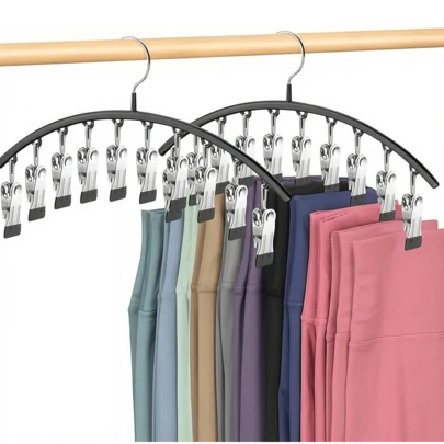2Pcs Clothes Hanger, Space-Saving Curved Rotatable Hanging Rack With 10 Clips, Closet Organizer For Yoga Pants And Leggings, Pants Socks Hanger For Clothes Shops