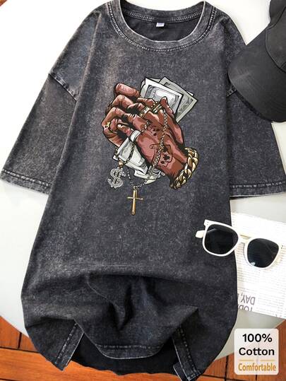 水洗超大款黑色短袖T恤，印花图案，宽松版型，显瘦，复古时尚