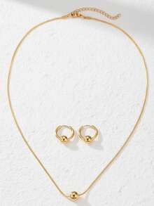 Juego de cuentas doradas de acero inoxidable. Cuentas lisas doradas + pendientes de cadena delgada. Conjunto de lujo simple y de alta calidad, regalo ideal para vacaciones y uso diario. - Collar+pendientes - Ver 6