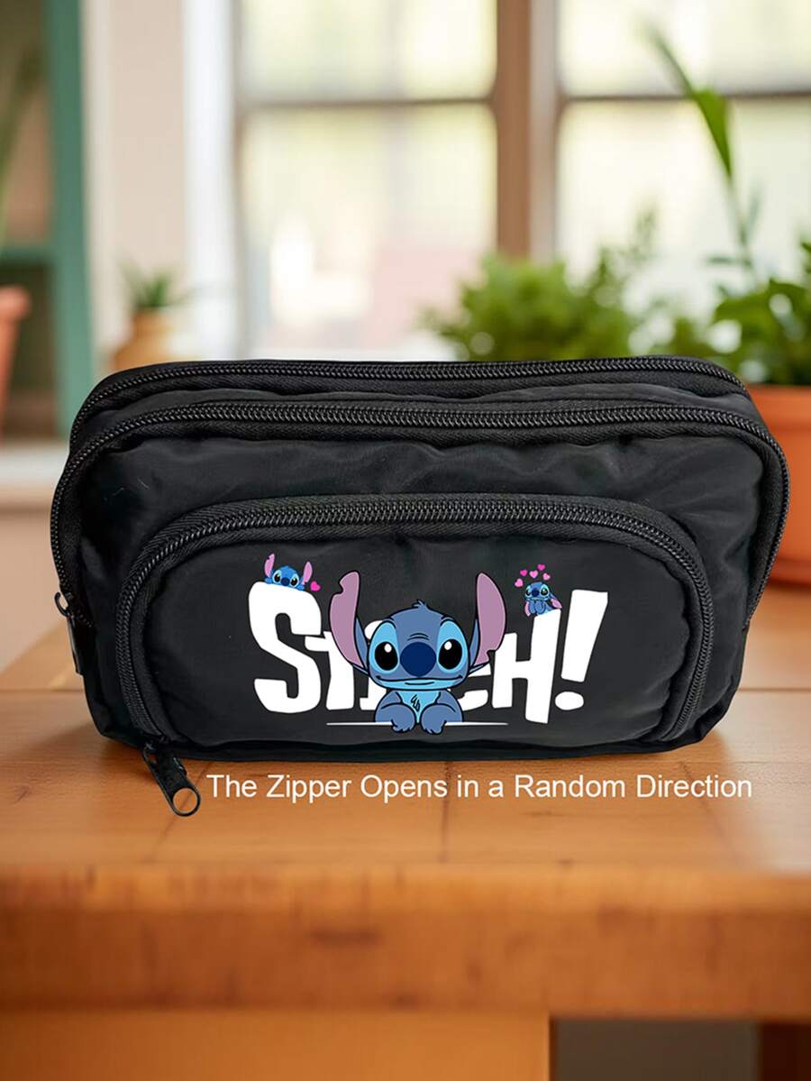 1pc Stitch Cartoon Desktop Pencil Case, Large Capacity Multi-Compartment Stationery Storage Bag, Double-Zipper Design, Zipper, Back To School Teens Office Supplies Pen Pouch Gift