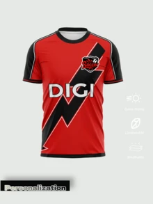 1pc Customized Rayo Vallecano 25/26 Season Red & Black Round Neck Football Jersey - Unisex Personalized Team Uniform - Breathable Comfortable Fabric, Suitable For Spring, Summer, Autumn Sports And Casual Outdoor Wear - Ideal Gift For Players And Fans. Perfect Choice For Halloween, Thanksgiving, Christmas And New Year Gifts, Football Club Fans.