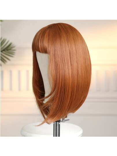 优雅的10英寸橙色直发假发，带刘海，女士适用 - 耐热合成纤维，新手友好，适合日常佩戴和派对场合