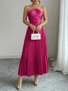 Women's Fuchsia Satin - Like One - Shoulder Sleeveless Dress With Ruched Waist & Asymmetrical Hem, Classy Elegant Outfit For Wedding Guest/Birthday Party/Evening Event/Night Out, Formal Midi Dresses For Women - Hot Pink - View 2