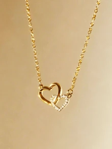 1pc Luxury Double Ring Heart Pendant Necklace, Delicate Zirconia Jewelry, Unique Design, Gentle & Sweet - Vàng - Xem 1