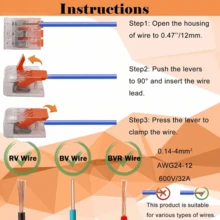 28-12 AWG 插入式电线连接器套件 - DIY 电线连接器，2/3/5 端口，无需胶带，快速连接。适用于家居装饰、工业布线和配电箱快速连接。插入式延长线可连接到接线板。迷你快速电线连接器工具。男士实用工具 - 送给男士的完美礼物！（款式随机，颜色可能略有差异，包装随机） - 橘色 - 查看 7