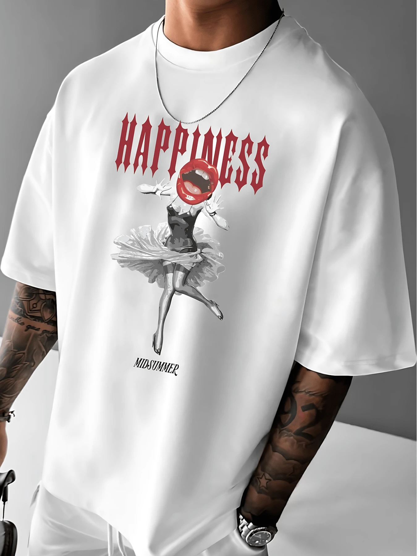 Figura de bailarina en movimiento con cabeza sustituta en forma de esfera roja sonriente transmitiendo energía positiva y libertad Camiseta de hombre 100% algodón - Blanco - Ver 1