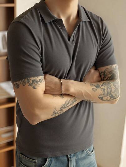 1pc Men's Solid Color Polo Collar Short Sleeve T-Shirt, Casual Style, Spring/Summer