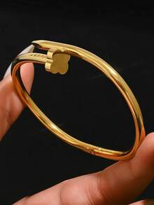 3pcs Stainless Steel 18K Gold Plated Women's Bangle Bracelets, Thick Multi-Layer Gold Bracelet, Four-Leaf Clover Design With CZ Zirconia Decor, Stackable Bracelets, Elegant Gift For Halloween, Christmas - Four Leaf Clover - View 4