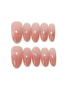 10片纯手工制作的长椭圆形美甲贴片，粉色魔镜粉美甲贴片，法式可爱，柔和闪光，气质优雅，适合女性和女孩，春夏秋冬，节日及日常使用。