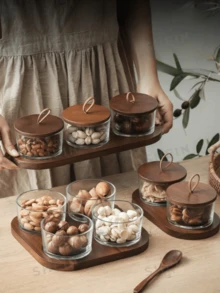 一套带盖玻璃水果托盘，日式风格，适合盛放干果/坚果/茶叶/咖啡豆/水果/零食，适用于客厅/餐厅/办公室/咖啡厅/餐馆 - 棕色 - 查看 3