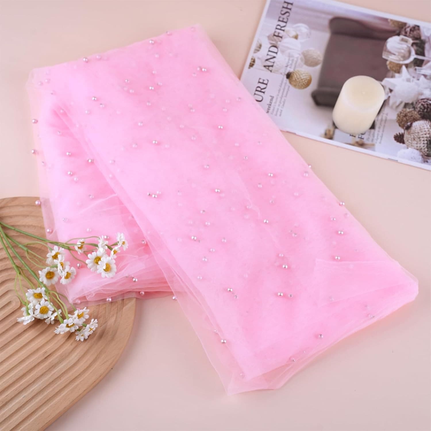 Vải voan hồng trang trí bằng hạt ngọc trai, thích hợp để trang trí đám cưới, tự làm khăn voan cô dâu, phụ kiện hoa cưới ngày Valentine. - Hồng - Xem 1