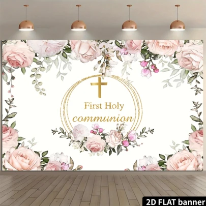 2D Flat, 1pc First Communion Photography Backdrop, Pink Floral & Golden Glitter Design With Cross, Girl Baptism Decor, Shower Party, Holy Blessing Celebration