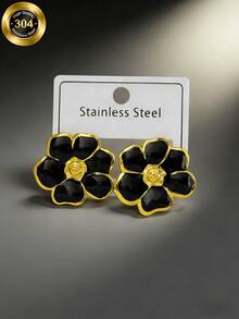 1/2/4/5/9-Piece Sets, Stainless Steel Enamel Flower/Bow Stud Earrings. Flower Designs Include Five-Petal Blooms And Four-Leaf Clover Shapes, Available In Black, Pink, Lake Blue, Bright Red, And White. - Multicolor - View 8