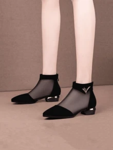 Giày cao gót thời trang nữ, giày slip-on thoáng khí phối lưới, giày cao gót đế dày đính đá, giày dự tiệc mùa xuân/hè. - màu đen - Xem 6