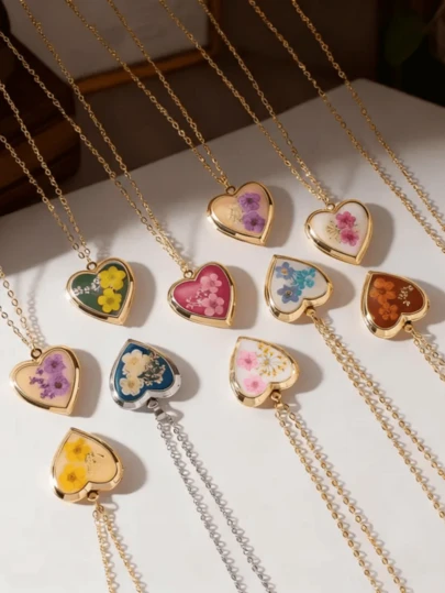 قلادة قلب مطلي بالمينا بزهرة مضغوطة، زهرة نسيت لا تنساني، حافظة صور، هدية شخصية، هدية للأم، هدية عيد الحب للمرأة، قطعة واحدة