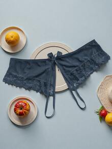 AB. Sexy Lace Open Crotch Panties With Bow Accent, Transparent Mesh Floral Trim Thong - Black - View 2