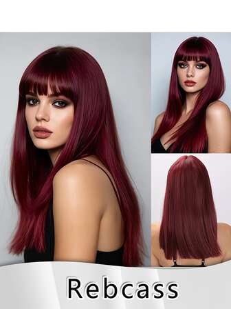 Perucă sintetică lungă, roșie vin, dreaptă, 45 cm, cu breton îngrijit - păr vișiniu rezistent la căldură pentru femei, perfectă pentru petreceri, cosplay și utilizare zilnică - textură realistă, de înaltă calitate, pentru toate nuanțele de piele, perucă de zi cu zi | breton elegant | perucă rezistentă la căldură