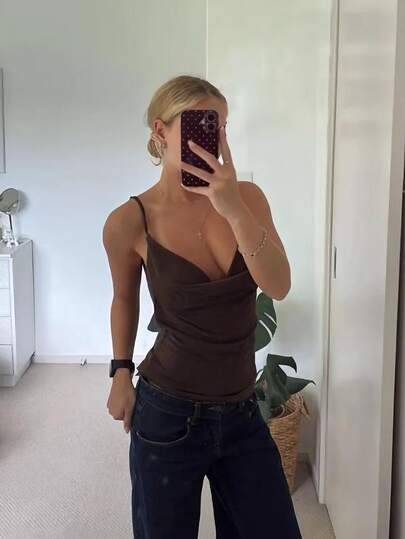 Women's Solid Color Adjustable Strap Deep V Open Back Knit Camisole - Multi-Color Option Beaded Accent Y2K Baddie Style Backless Elegant Evening Gown Top, Cocktail Party Club Wear Night Out Glam Date Night Outfit Brunch Chic Streetwear Layering Piece Slim-Fit Figure-Flattering Formal Event Open Back Inner Wear