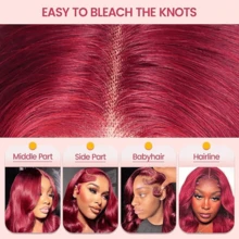 13x4蕾丝前假发，真人前额发丝，预先拔毛，波浪卷发，混合发丝，34英寸长，自然酒红色，99j假发，使用寿命更长，分缝高清蕾丝前假发，隐形发际线 - SBUG - 查看 6