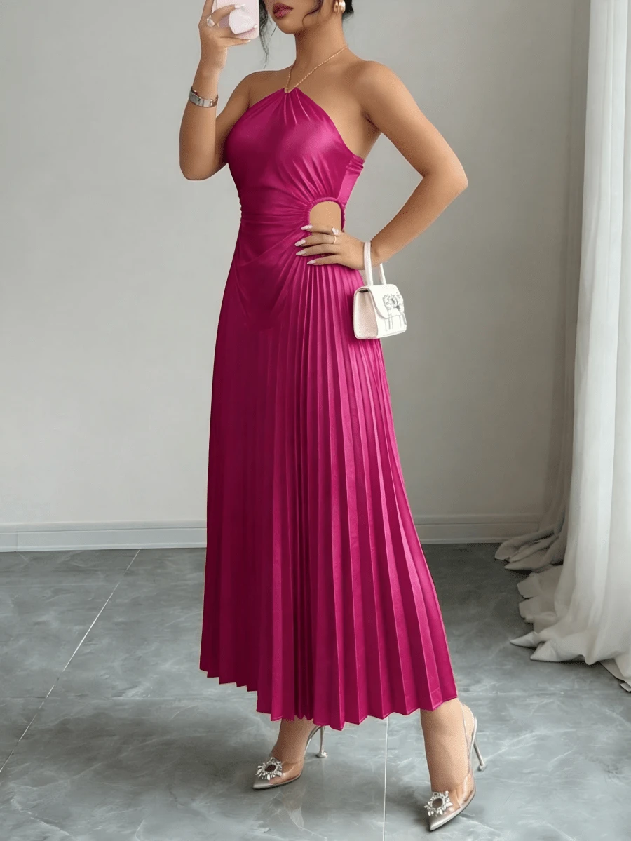 Women's Fuchsia Satin - Like One - Shoulder Sleeveless Dress With Ruched Waist & Asymmetrical Hem, Classy Elegant Outfit For Wedding Guest/Birthday Party/Evening Event/Night Out, Formal Midi Dresses For Women - 玫紅色 - 查看 1
