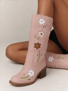 Women's Mid Calf Boots Square Toe Chunky Heel Pull On Block Heel Boots Western Boots With Flowers Cute For Christmas Halloween - 粉色 - 查看 3