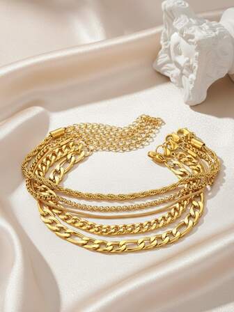 Pulsera de acero inoxidable para mujer con cadena multicapa y diseño superpuesto de cadena cubana; para uso diario, moda callejera, lujo ligero, transporte, desmontable, uso individual, talla grande flexible, sin decoloración ni desgaste, joyería.