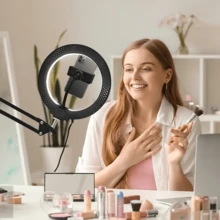 Essential Clip - On Selfie LED Ring Light With Adjustable Desktop Arm, Battery - Free, Portable, USB - Powered, Ideal For Live Streaming, Video Conferences, Cooking, Drawing, Reading & Video Recording - Black - View 2