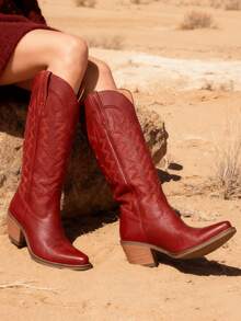 Womens Jaripeo Red Cowboy Boots For Women Comfortable Retro Pull On Pointed Toe Wide Calf Long Tall Block Chunky Heel Embroidered Boots Country Concert Festival Shoes - 紅色 - 查看 5