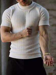 1pc Men's Half Turtleneck Short Sleeve T-Shirt, Vertical Striped Knit Casual Commuter Top - White - View 2