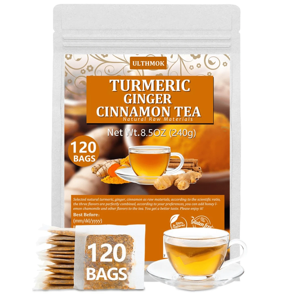 ULTHMOK 100 Turmeric Ginger Cinnamon Blend Tea Bags Natural & No Additives & Caffeine Free Afternoon Herbal Tea - Turmeric Ginger Cinnamon - View 1