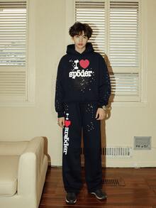 Girls Street Style Hoodie Couples Set With Fashion Spider Web Pattern And Spider Letter Foam Print Design Celebrity Inspired Hip Hop Spider Web Sweatpants And Hoodie Outfit Set - màu đen - Xem 1