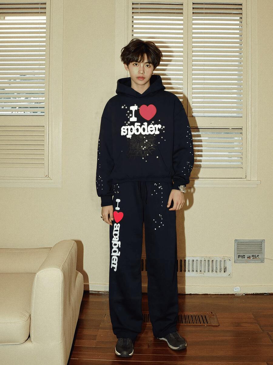 Girls Street Style Hoodie Couples Set With Fashion Spider Web Pattern And Spider Letter Foam Print Design Celebrity Inspired Hip Hop Spider Web Sweatpants And Hoodie Outfit Set - màu đen - Xem 1