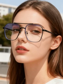 1副男女通用金属双梁商务休闲平光眼镜，韩日简约风格眼镜 - 無色 - 查看 3