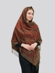 وشاح كشمير مخلوط متعدد الألوان بطراز بوهيمي رجعي بنقشة الكاجو والزهور، وشاح/شال نسائي ناعم وخفيف الوزن مع شرابات طويلة، مناسب للربيع والخريف، لارتداء اليومي والأزياء الكاجوال وتغطية الشاطئ، هدية مناسبة للمناسبات - احمر خشبي - مشاهدة 2