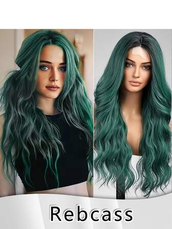 Perucă din dantelă cu păr creț, rezistentă la căldură, din fibre sintetice, tip U, 4*2, ondulat, 24 inci, verde mediu, utilizare zilnică, de înaltă calitate, pentru femei, cu aspect natural, peruci sintetice moi de înaltă calitate, pentru carnaval, muzică, festival