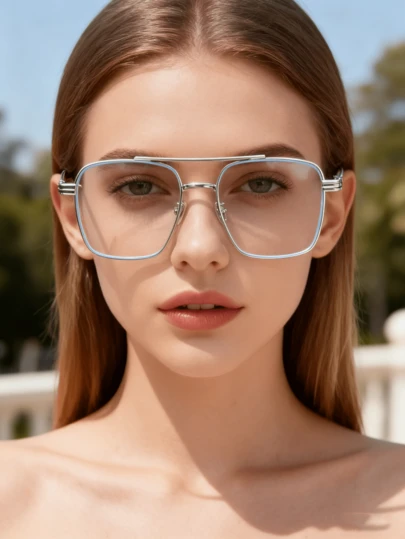 1副男女通用金属双梁商务休闲平光眼镜，韩日简约风格眼镜